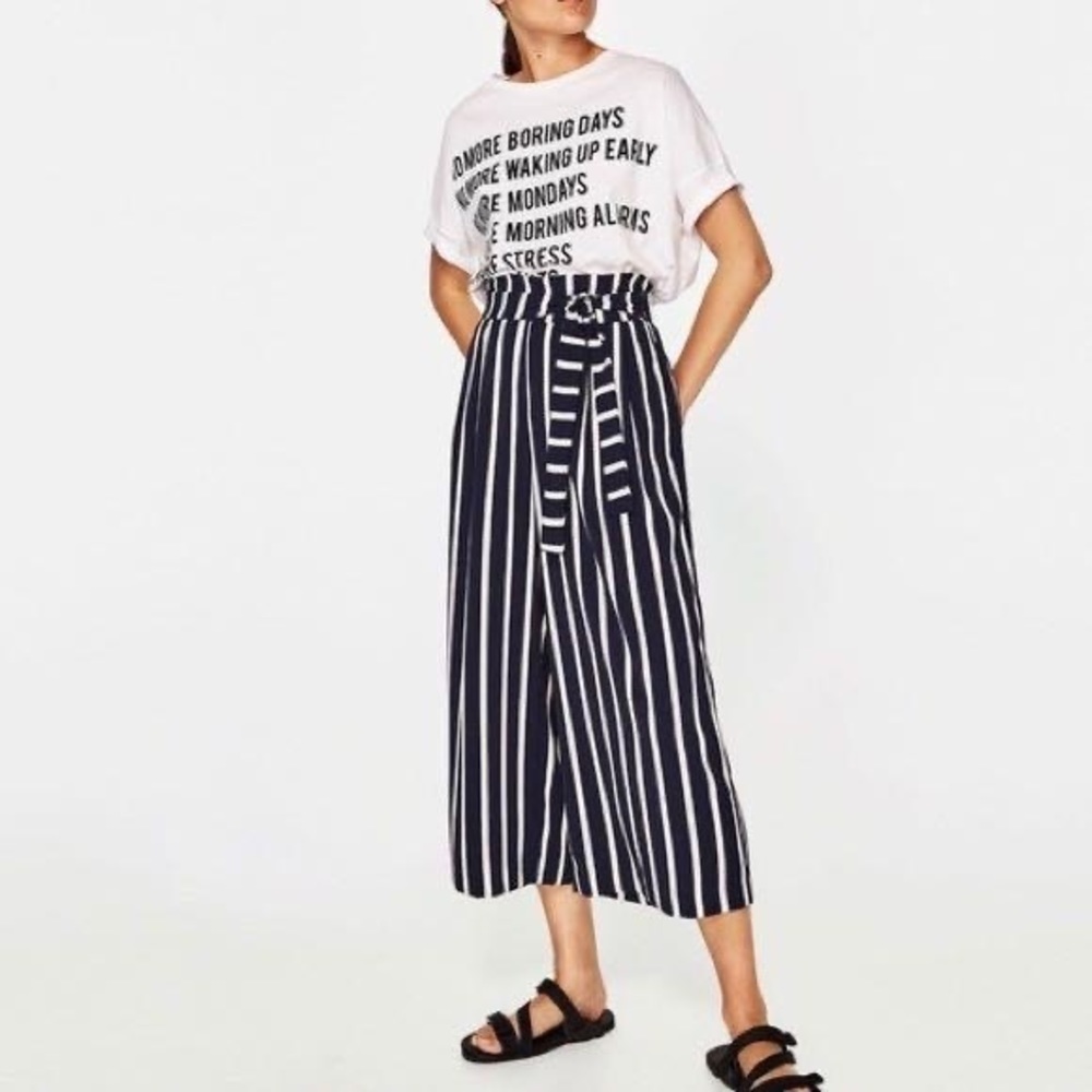 Zara Trafaluc Collection Navy Striped Wide Leg Cropped Pants